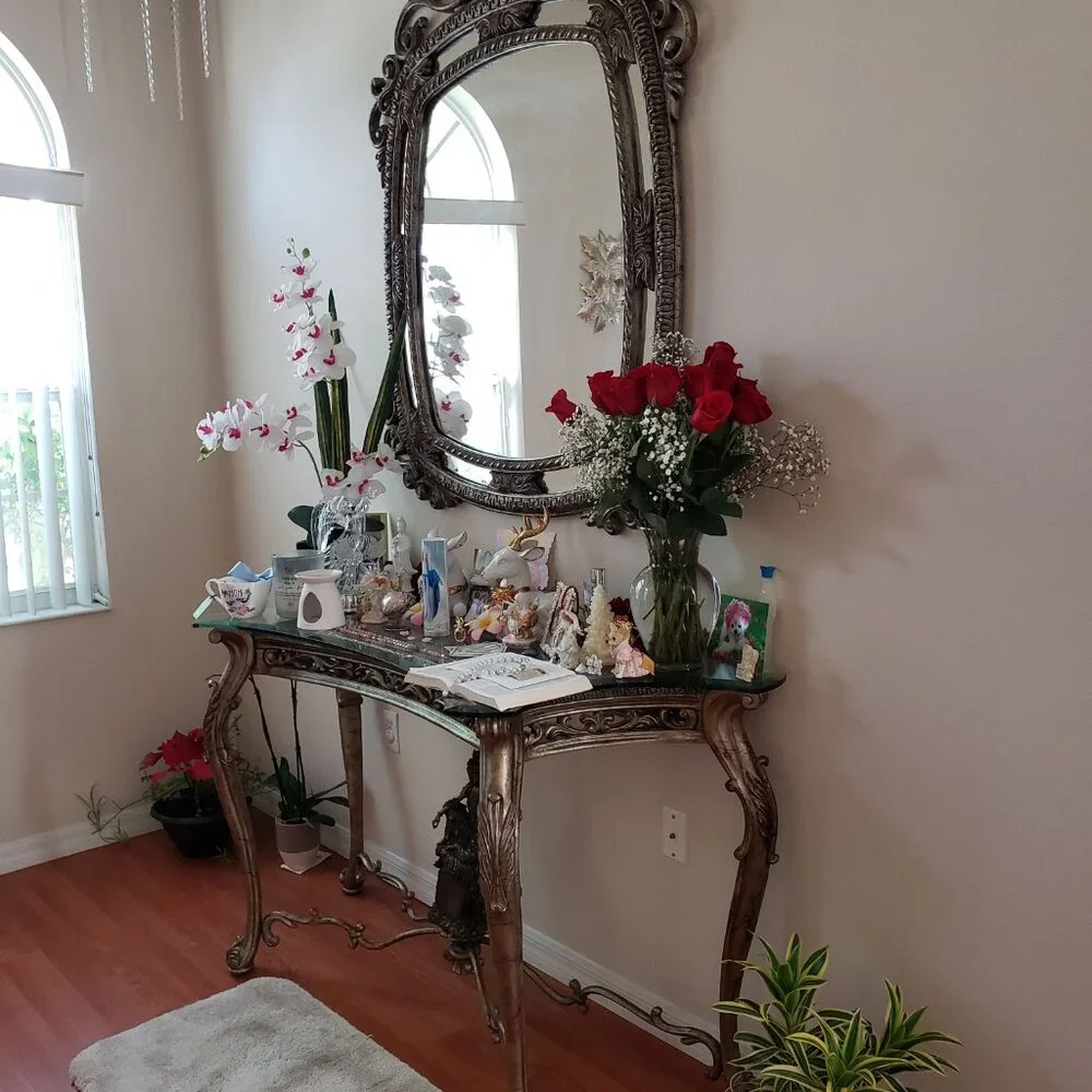 Luxury Console & Mirror Set – Beveled Glass & Gold Leaf Accents Sale: $1550